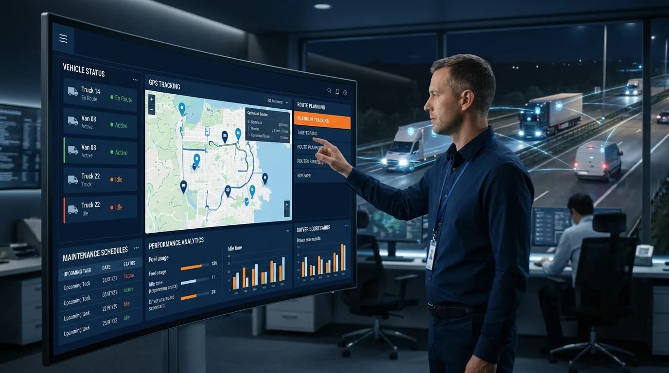 Fleet Tracking Software on a large touchscreen showing vehicle status, a GPS map and maintenance schedules
