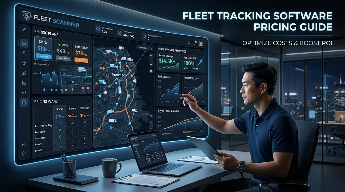 Fleet Tracking Software Pricing guide with a Fleet Scanner dashboard showing Starter, Growth and Enterprise plans