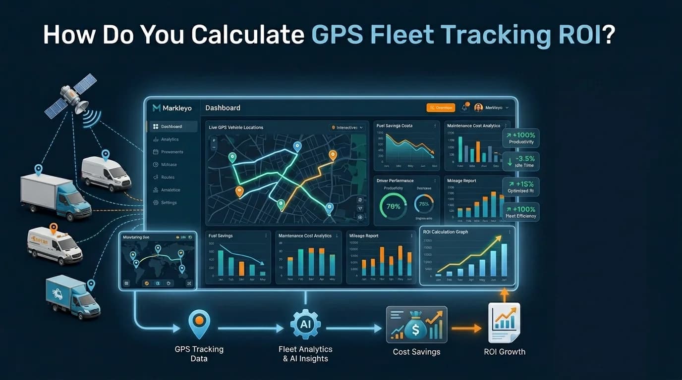 GPS Fleet Tracking ROI infographic with fuel savings and mileage charts leading from tracking data to ROI growth