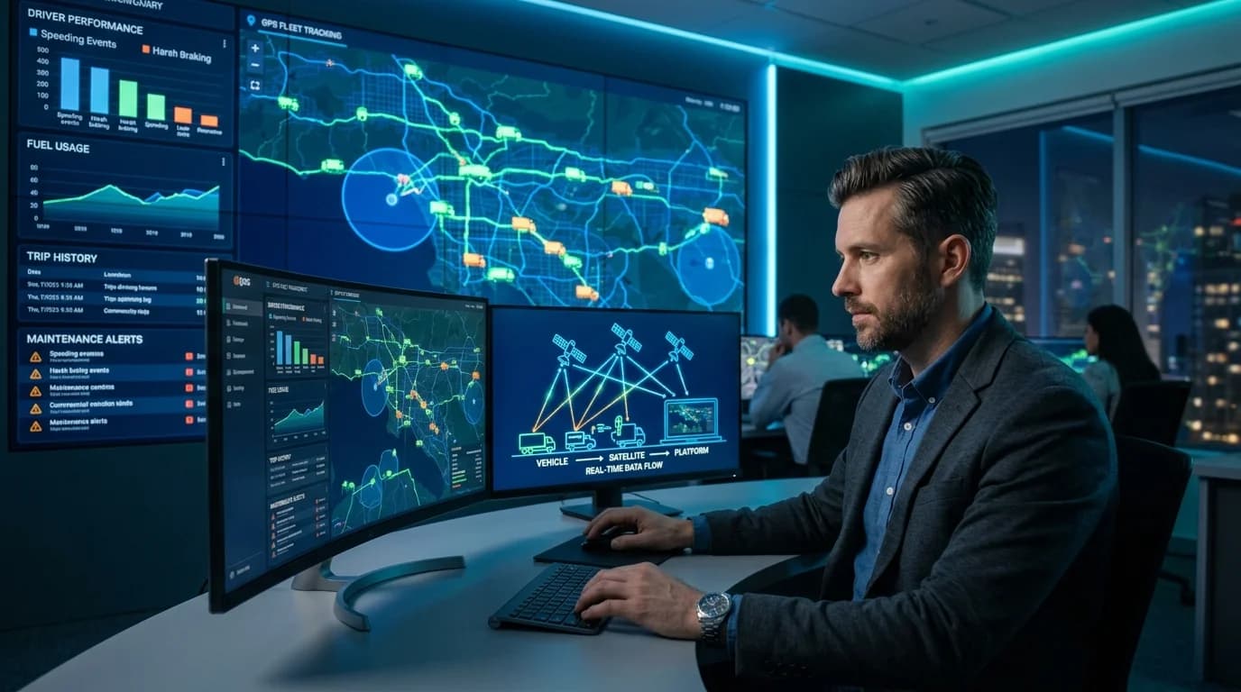 GPS Fleet Tracking control room with a manager watching a live vehicle map and a vehicle to satellite data flow screen