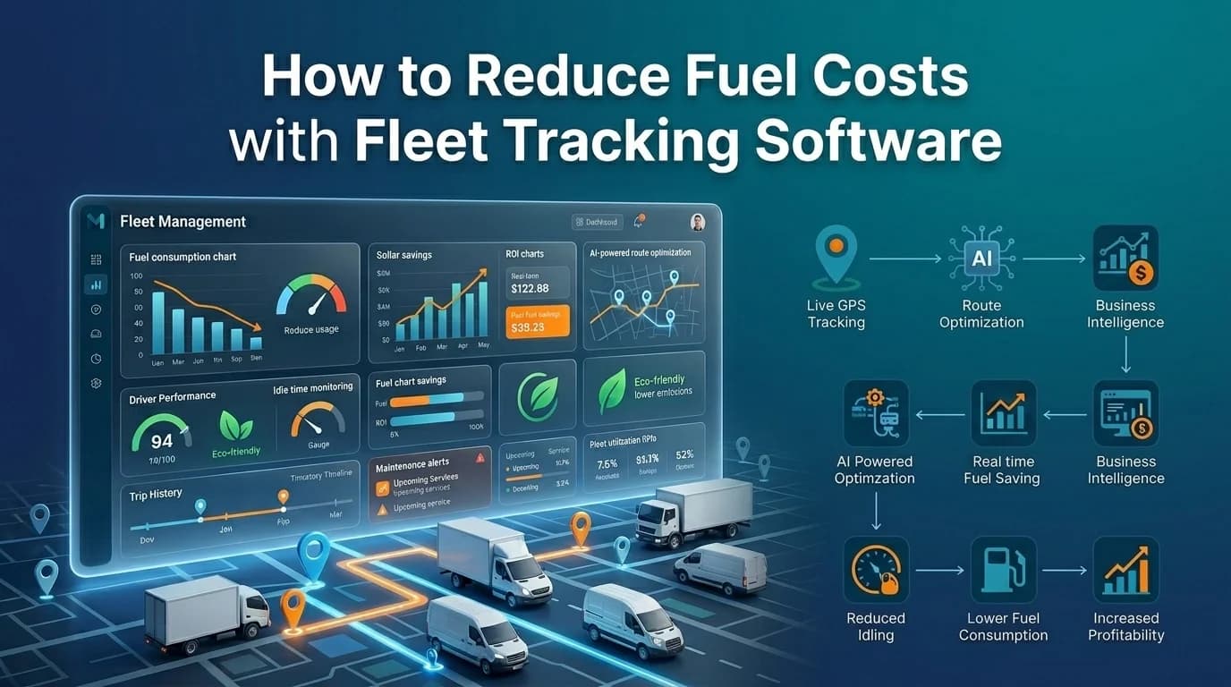 Reduce fuel costs with fleet tracking software: fuel use, idle time and route optimization dashboard