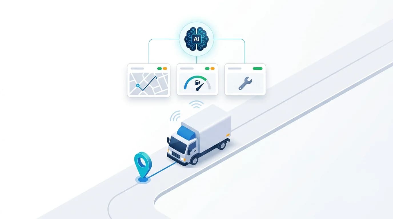 AI Fleet Management Software illustration of a connected truck feeding route, fuel and maintenance data to an AI module