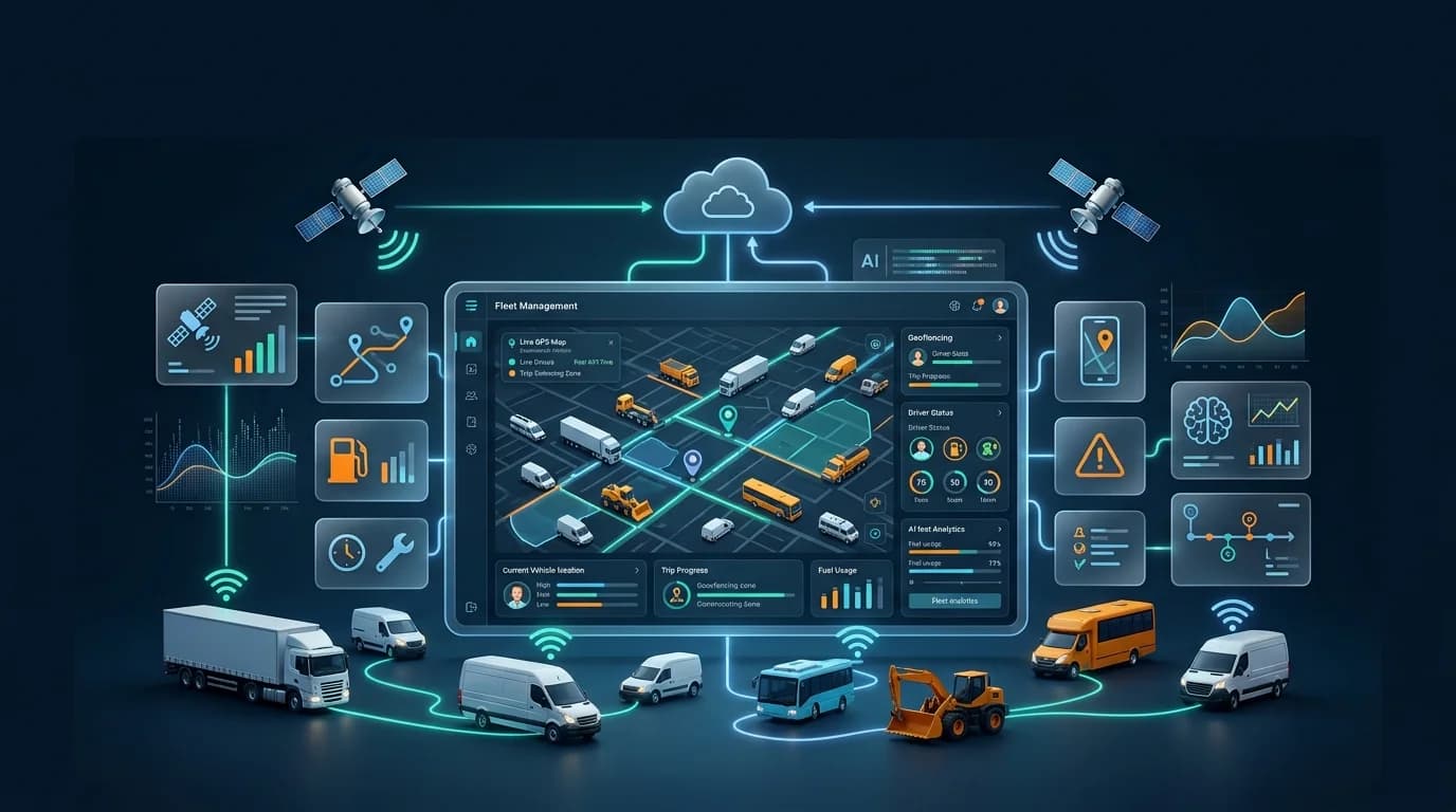 Fleet tracking management software dashboard linking trucks, vans, buses and an excavator to a live GPS map