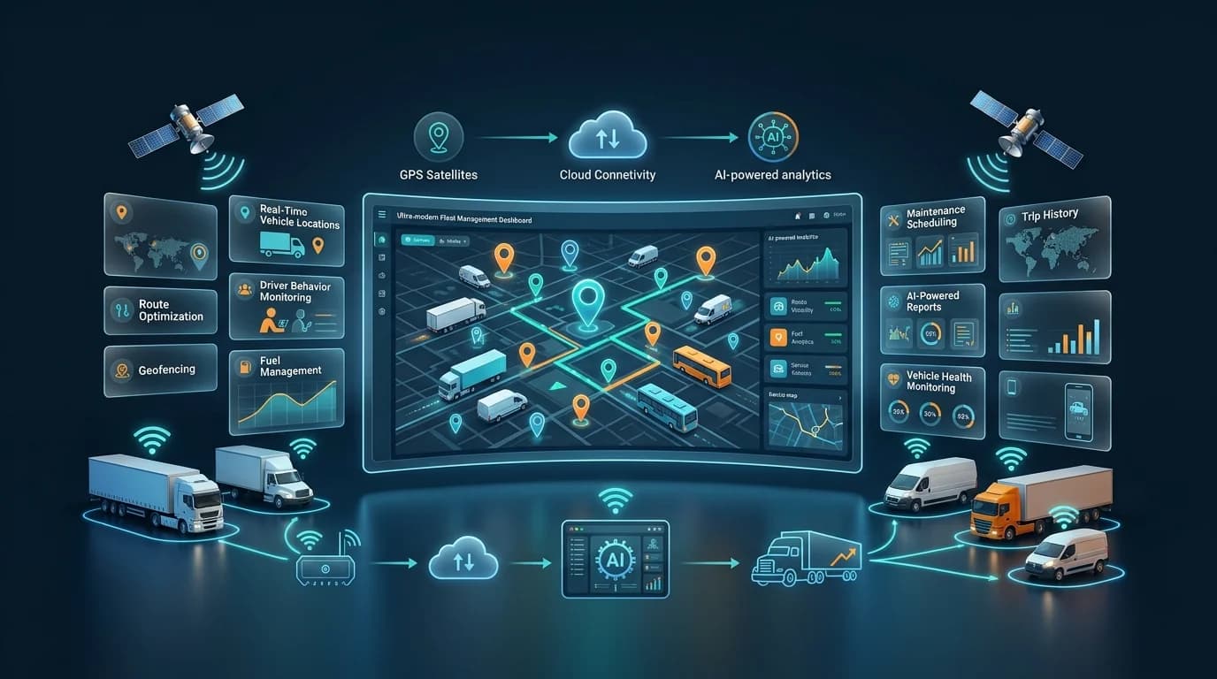 GPS Fleet Tracking System diagram linking GPS satellites and cloud to a live map dashboard, trucks, vans and buses
