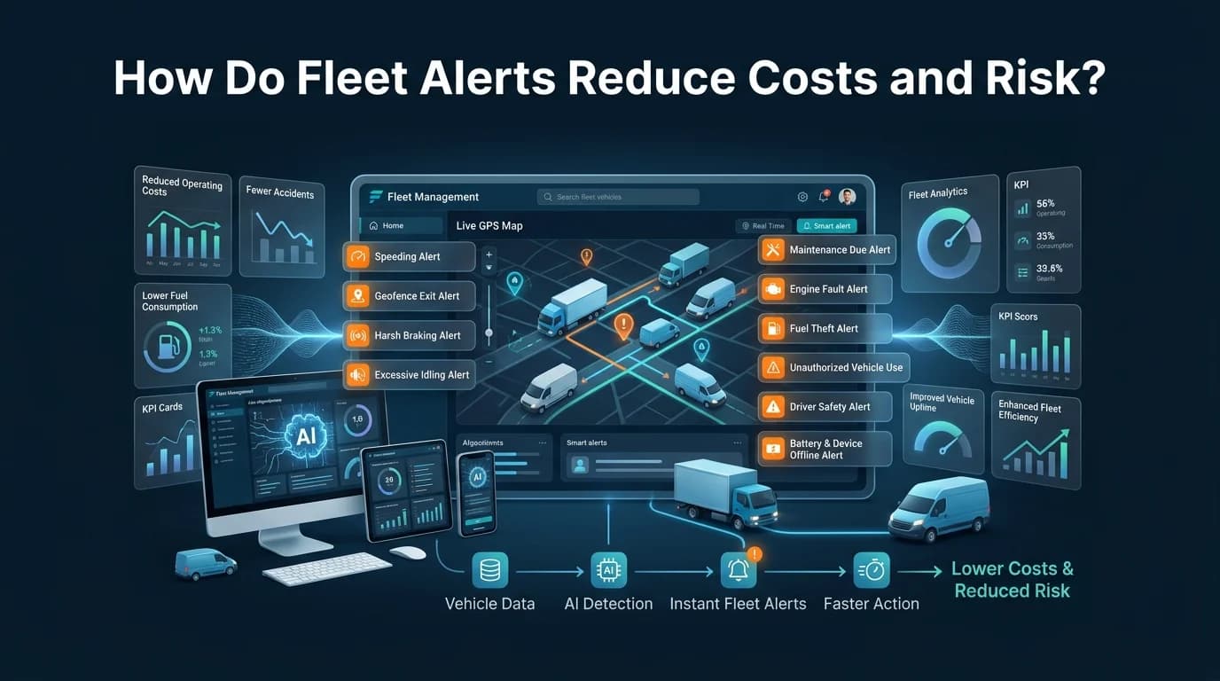 Fleet Alerts dashboard showing speeding, geofence exit, harsh braking, engine fault and fuel theft alerts on a map