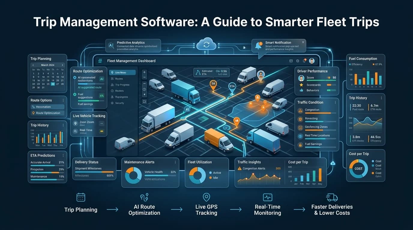 Trip Management Software dashboard with trip planning, live vehicle tracking, ETA predictions and cost per trip panels