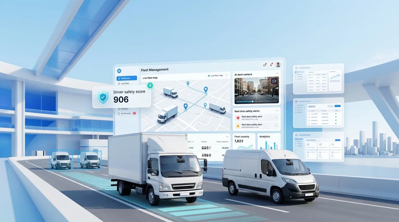 Verizon Connect Alternatives dashboard with a live fleet map, AI dash camera view and driver safety score above a truck