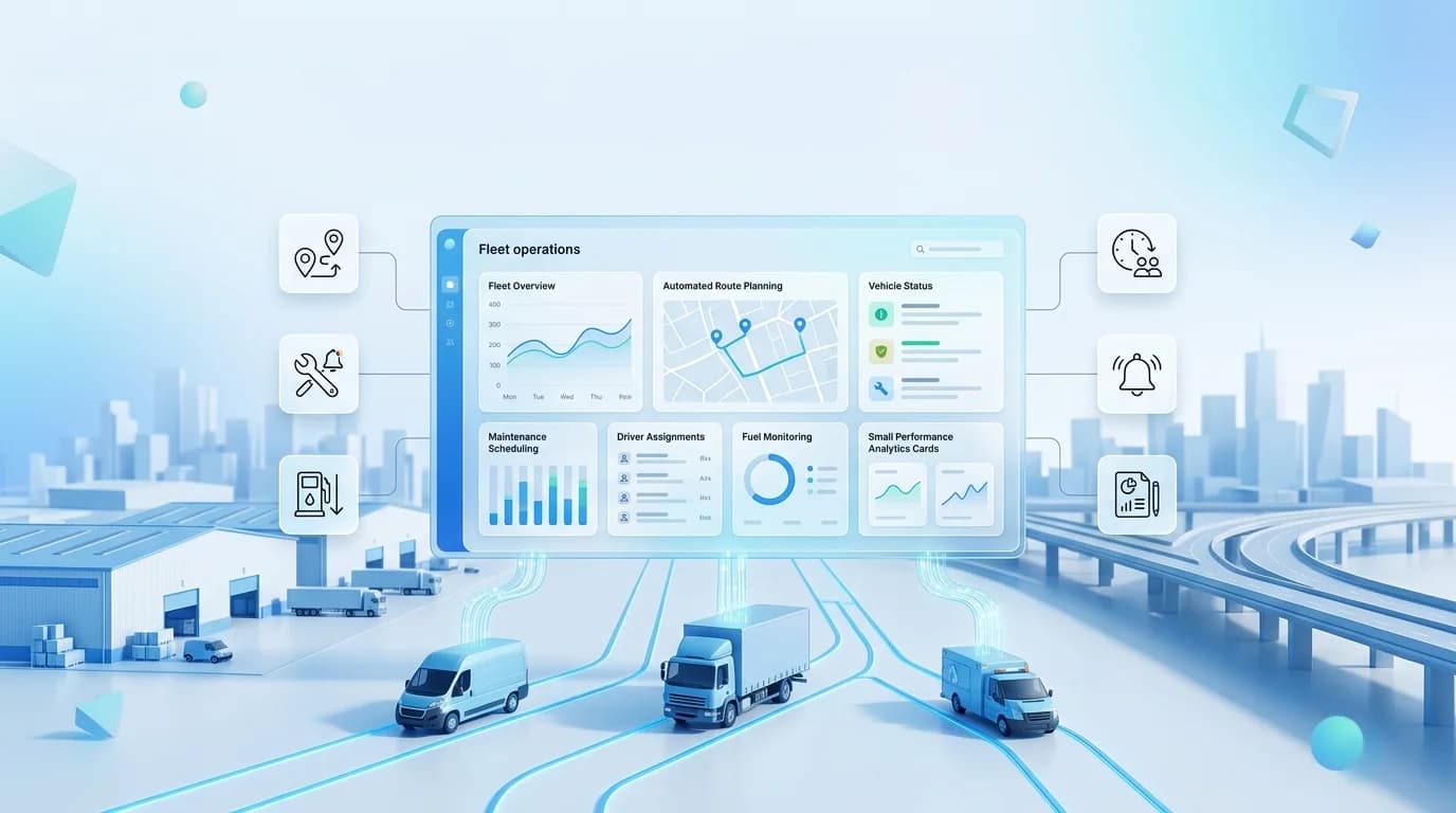 Fleet Automation dashboard with automated route planning, maintenance scheduling, driver assignments and fuel monitoring