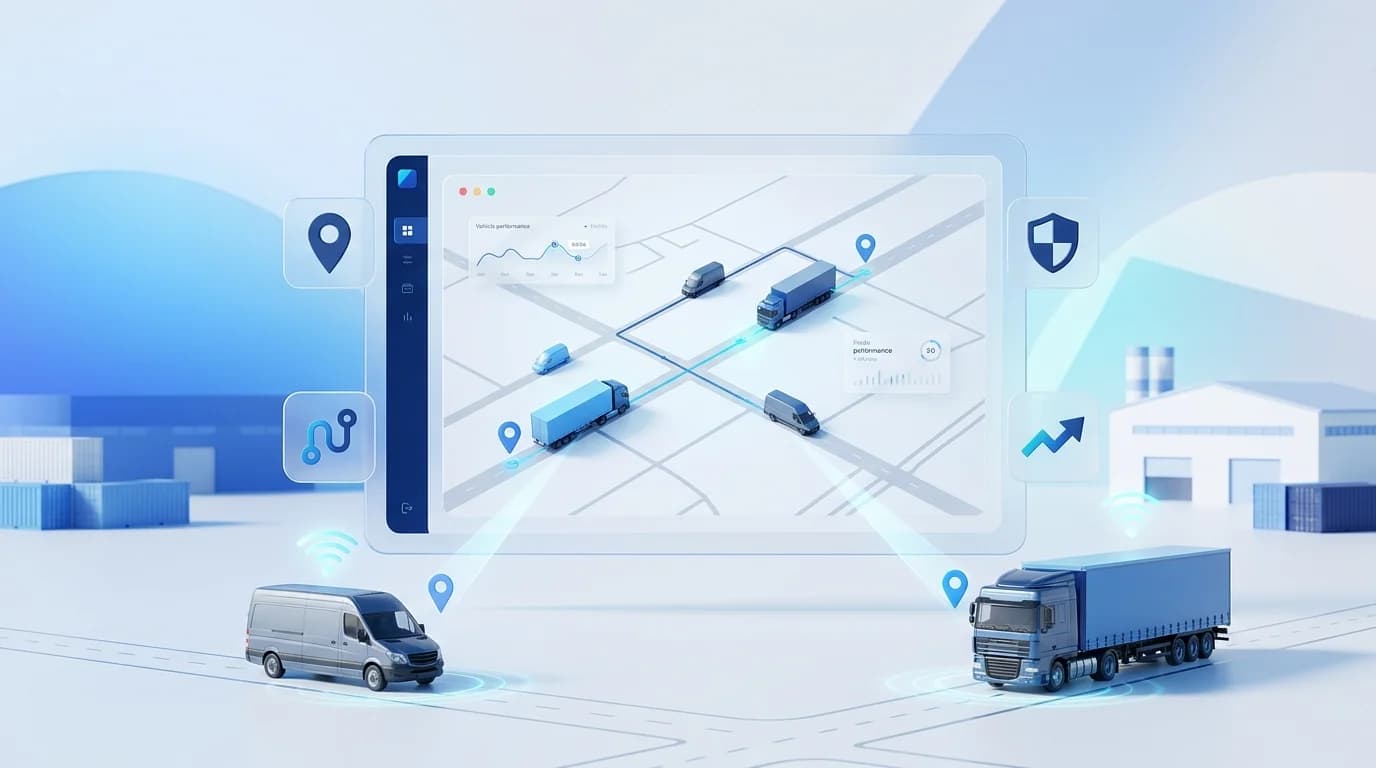 GPS fleet tracking solution map showing trucks and vans on live routes with vehicle performance charts
