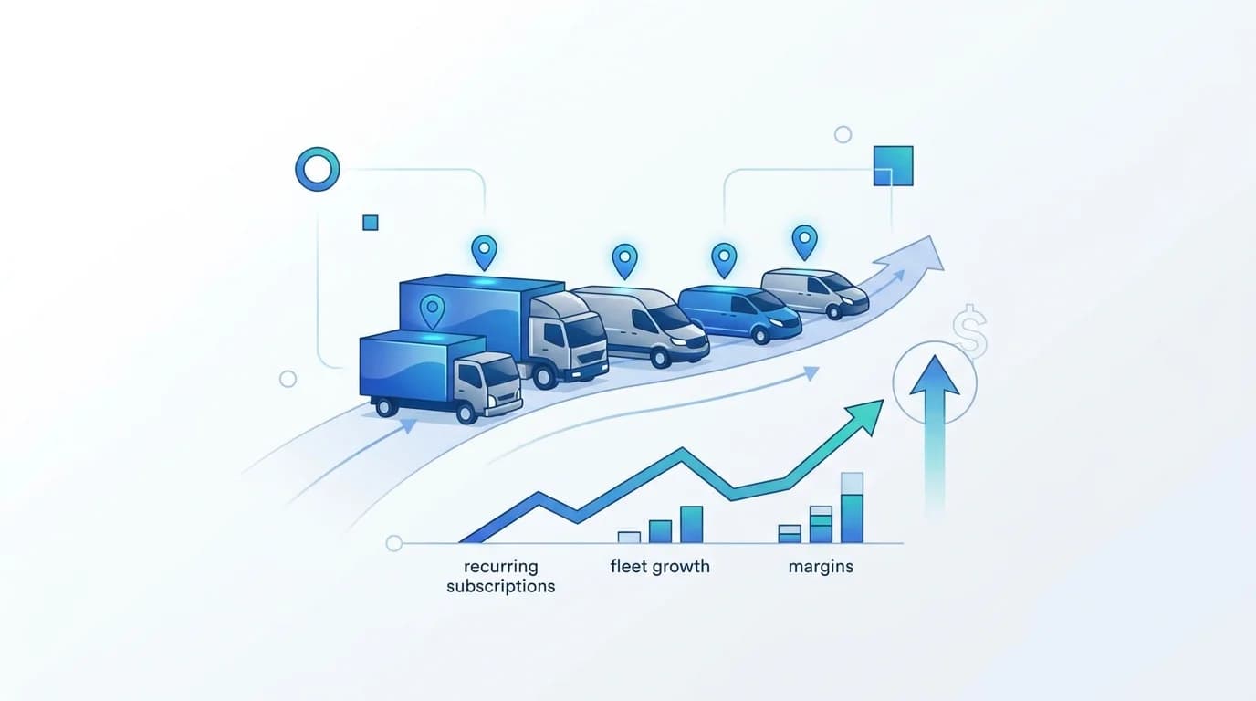 GPS Tracking Business Profitability chart of recurring subscriptions, fleet growth and margins beside tracked vehicles