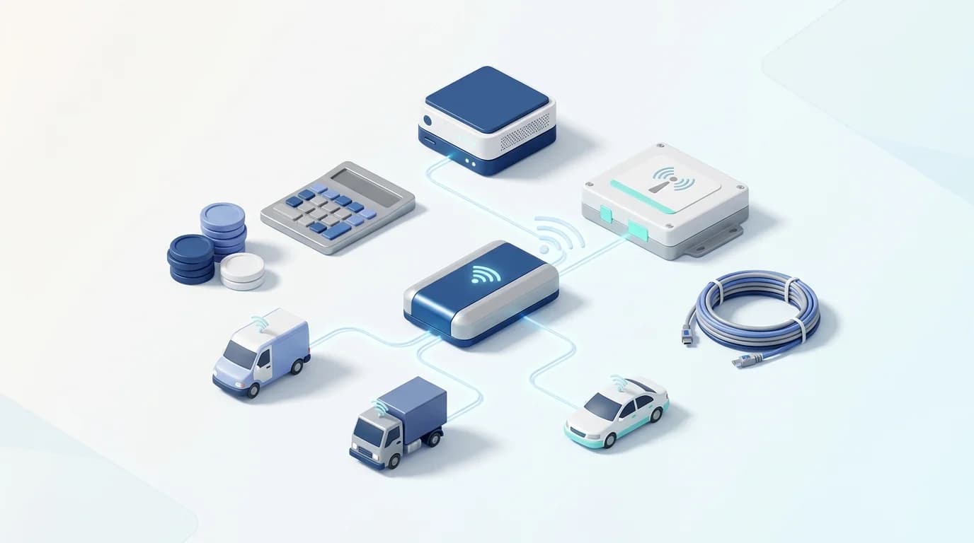 GPS Tracking Business Startup Cost illustration of a server, GPS trackers, cables, a calculator and coins linked to vehicles