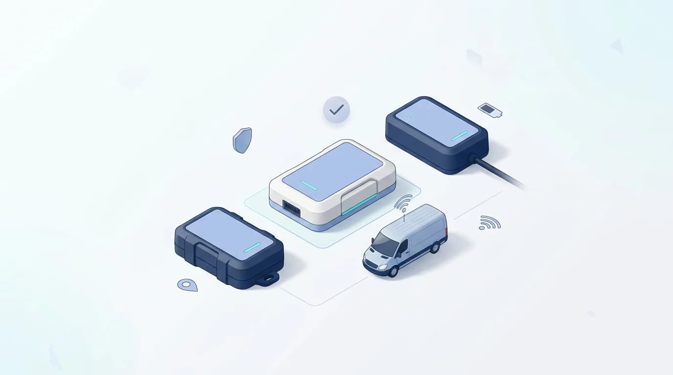GPS Tracking Hardware illustration comparing three vehicle GPS trackers, including a wired unit, beside a connected van