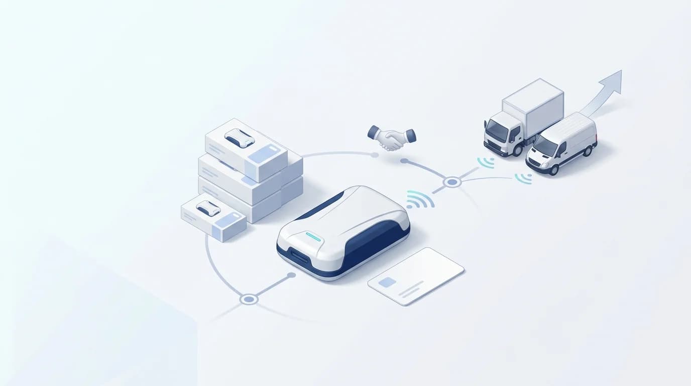GPS tracking reseller business: boxed GPS trackers and a tracker device connected to trucks and vans
