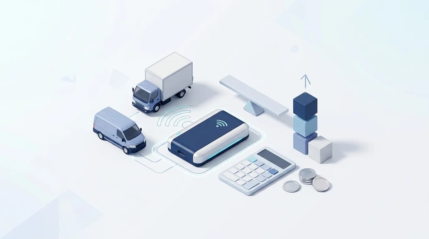 How to Price GPS Tracking Services illustration of a GPS tracker linked to a truck and van, with a calculator and coins