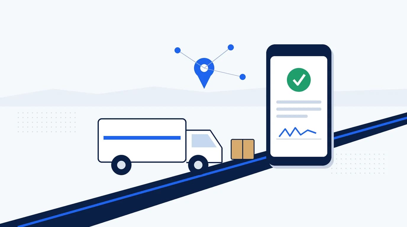 Delivery van with a parcel at the door and a phone showing a signed electronic proof of delivery