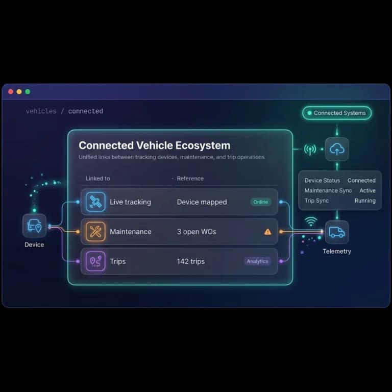 Connected vehicle view linking the GPS device to live tracking, open maintenance work orders and trips