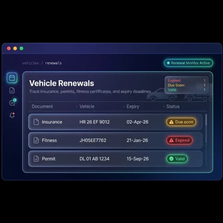 Vehicle renewals list tracking insurance, fitness and permit expiry dates with due soon and expired status