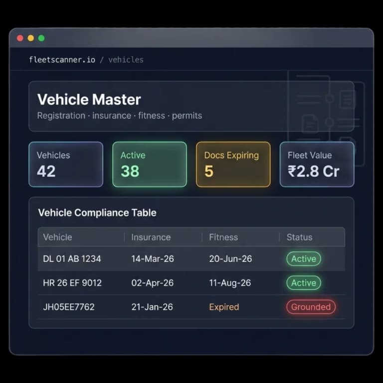 Fleet asset management software vehicle master showing vehicle count, expiring documents and fleet value