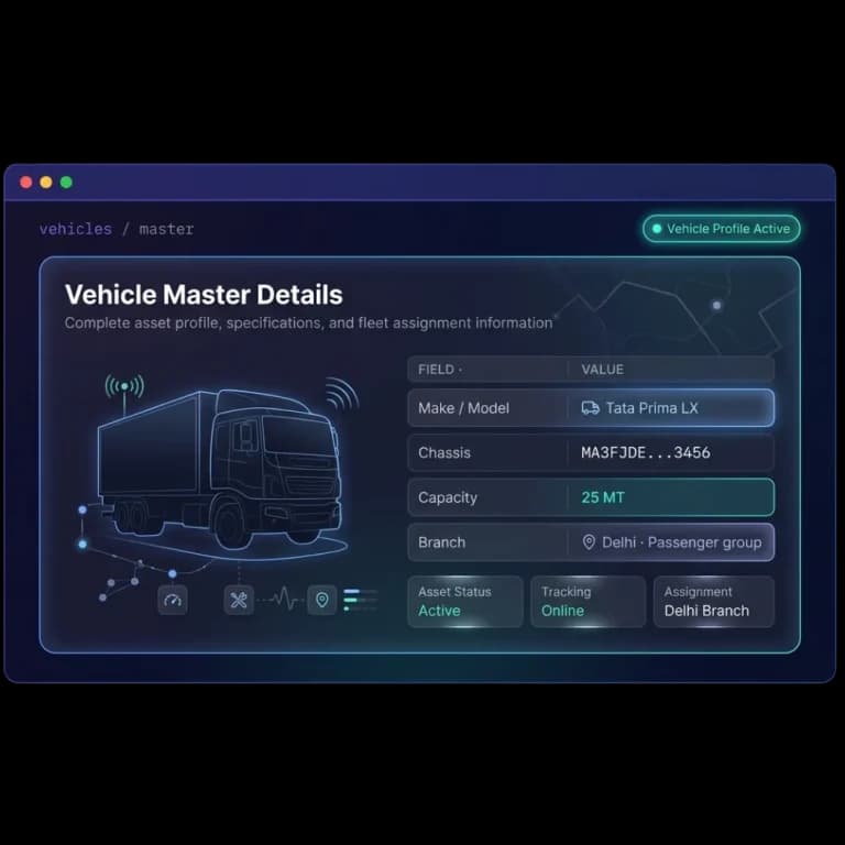 Vehicle master record for a truck showing make, model, chassis number, capacity, branch and tracking status