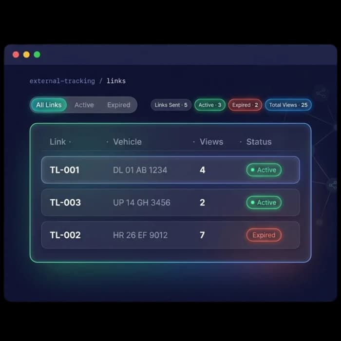 Tracking links table with vehicle numbers, view counts and active or expired status