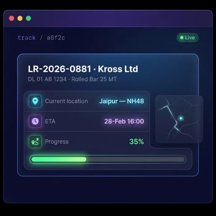 Tracking link opened by a customer without login, showing location, ETA and a progress bar