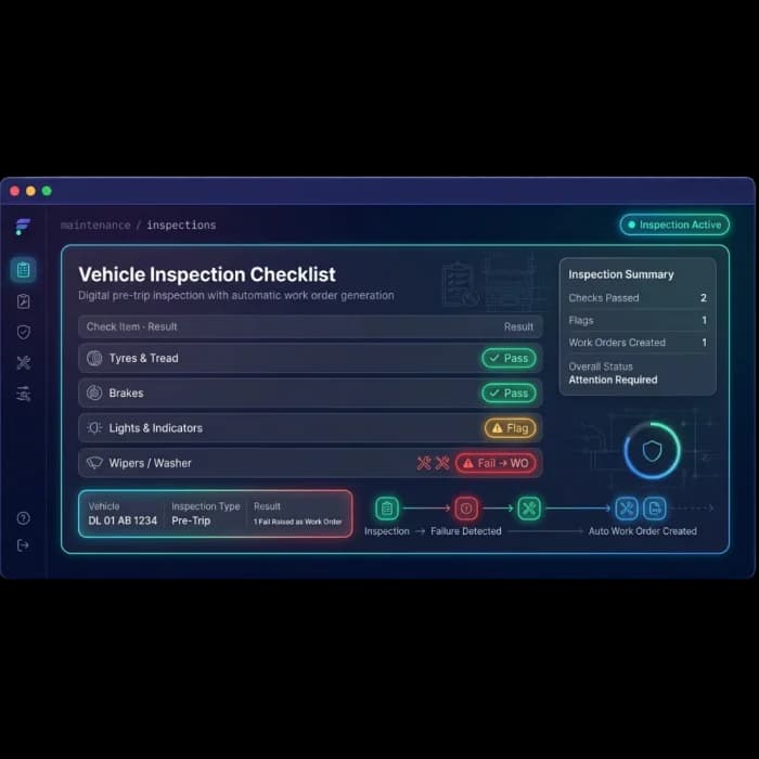 Vehicle inspection checklist where a failed check automatically creates a work order