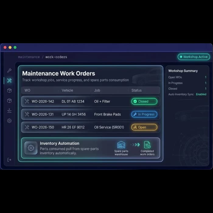 Maintenance work orders list with vehicle, job and closed, in-progress or open status