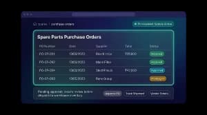 Spare parts purchase orders listing supplier, date, total and received, approved or pending status