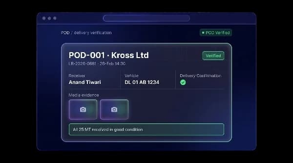 Verified POD record with receiver name, vehicle, delivery confirmation and photo evidence
