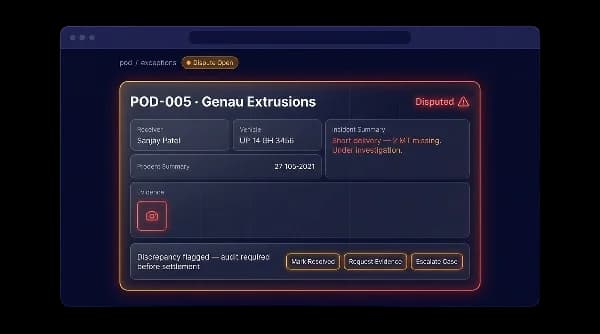 Disputed POD flagging a short delivery with an incident summary, evidence and resolution actions