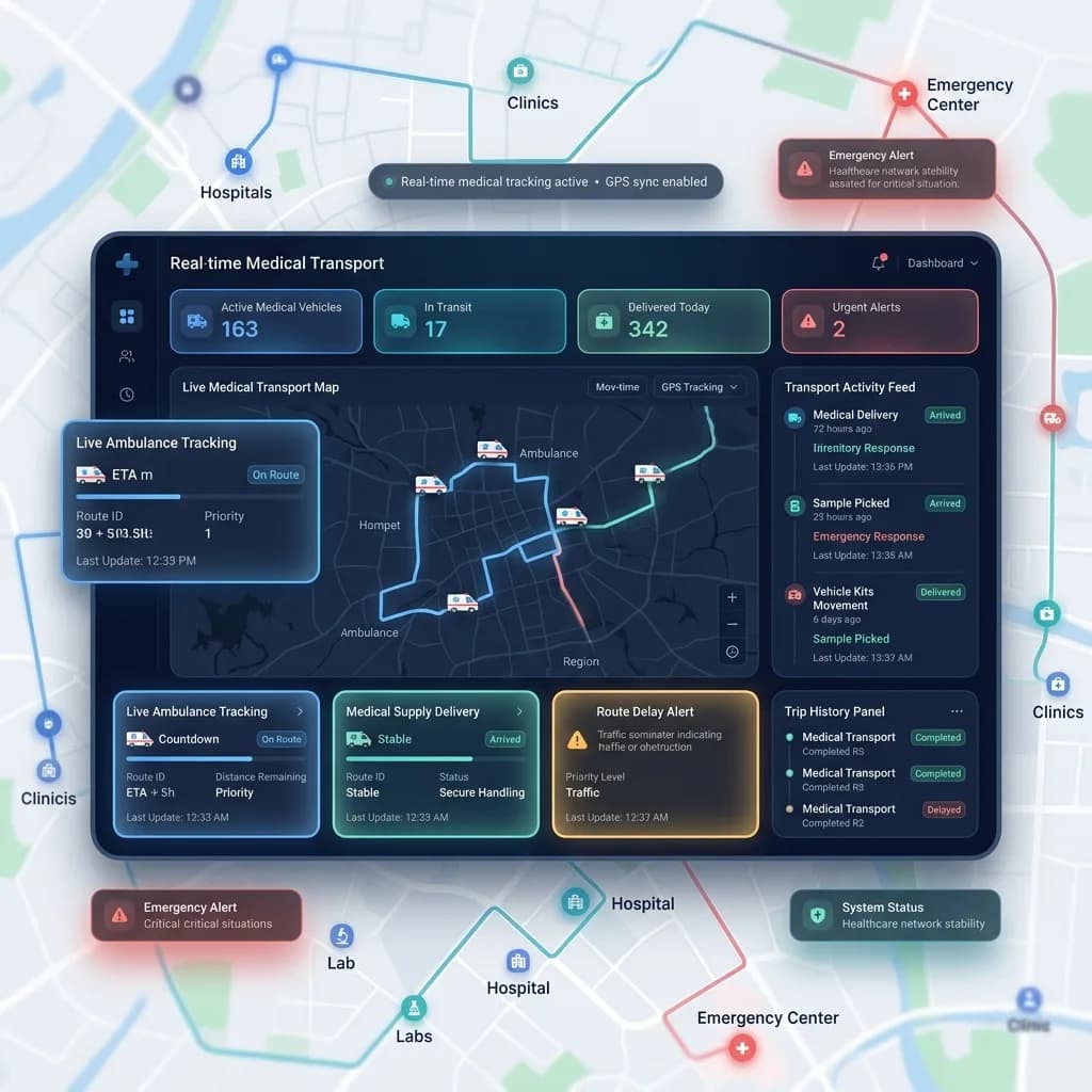 Live ambulance tracking map with unit status, delay alerts and trip history