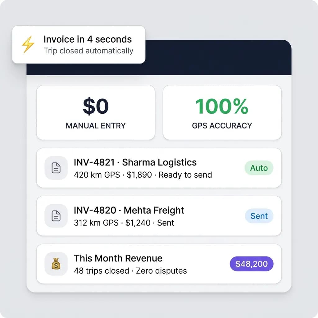 Freight billing panel with auto-generated invoices built from GPS kilometres and a monthly revenue total