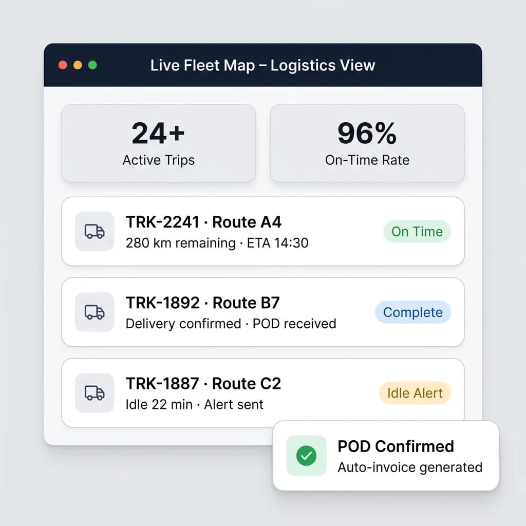 Freight fleet management software live map card listing truck trips with kilometres remaining, ETA, idle alert and an auto-generated POD invoice