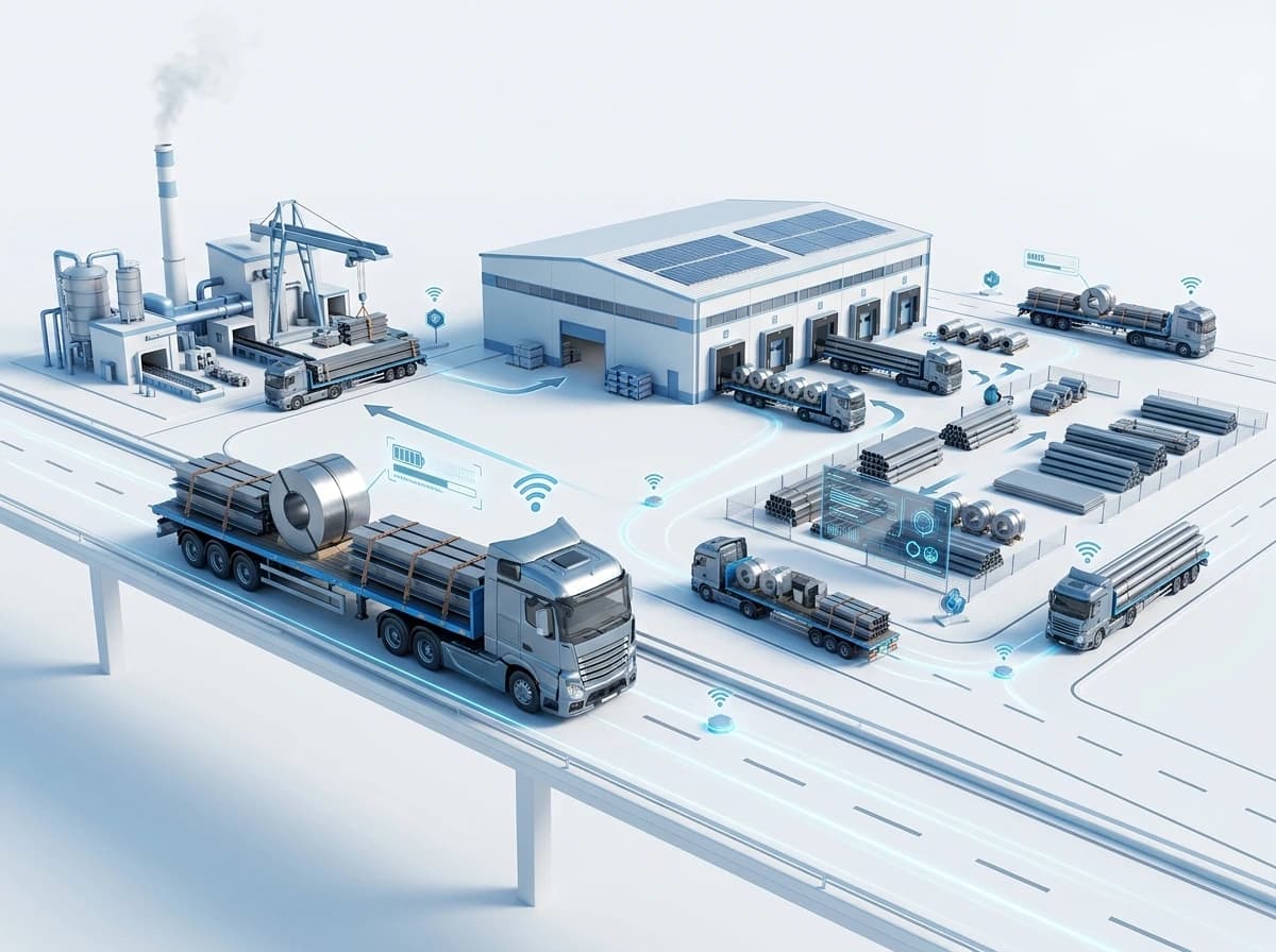Steel logistics software tracking trailers carrying steel coils and pipes from the plant to a warehouse stockyard
