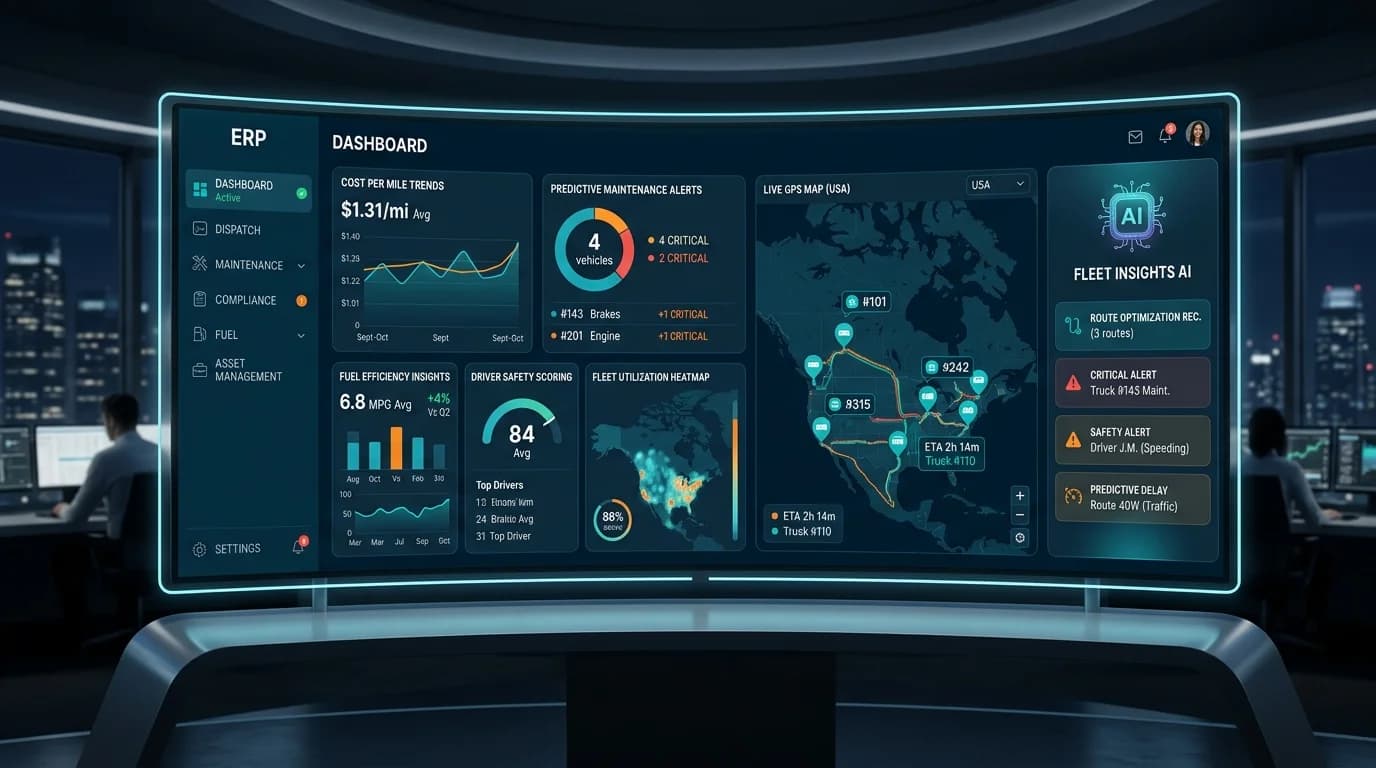 Fleet KPIs dashboard with cost trends, predictive maintenance alerts, driver safety score and a live GPS map