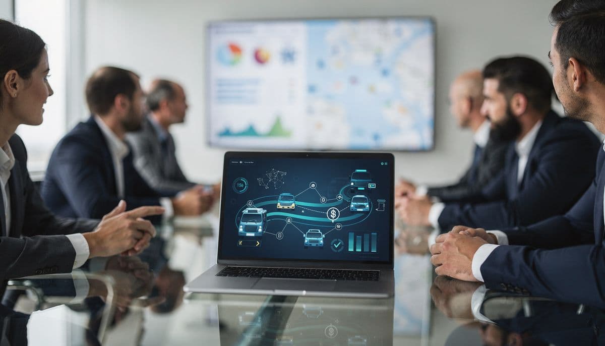 Fleet ERP integration dashboard on a laptop in a boardroom, with managers reviewing fleet analytics on a wall screen