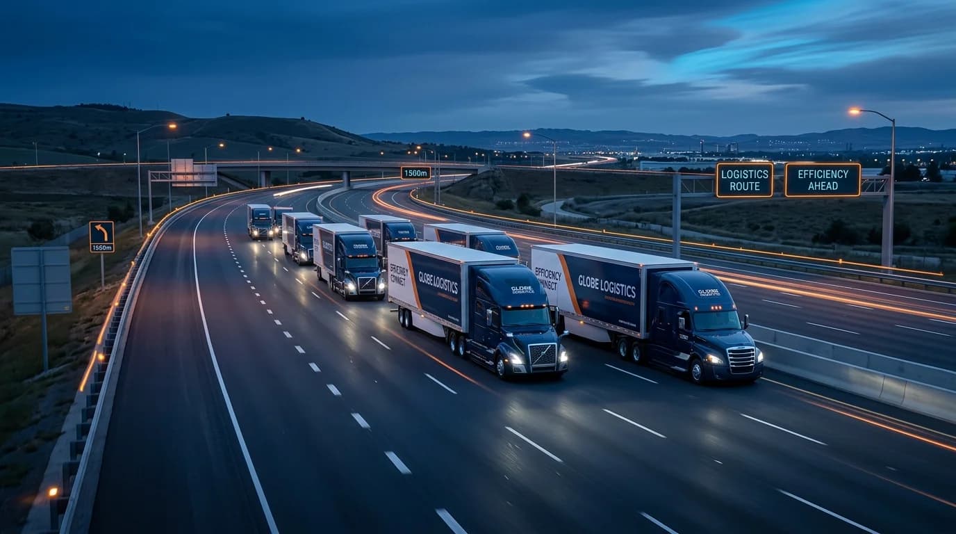 Driver management cost savings shown by a convoy of logistics trucks driving on a highway at dusk