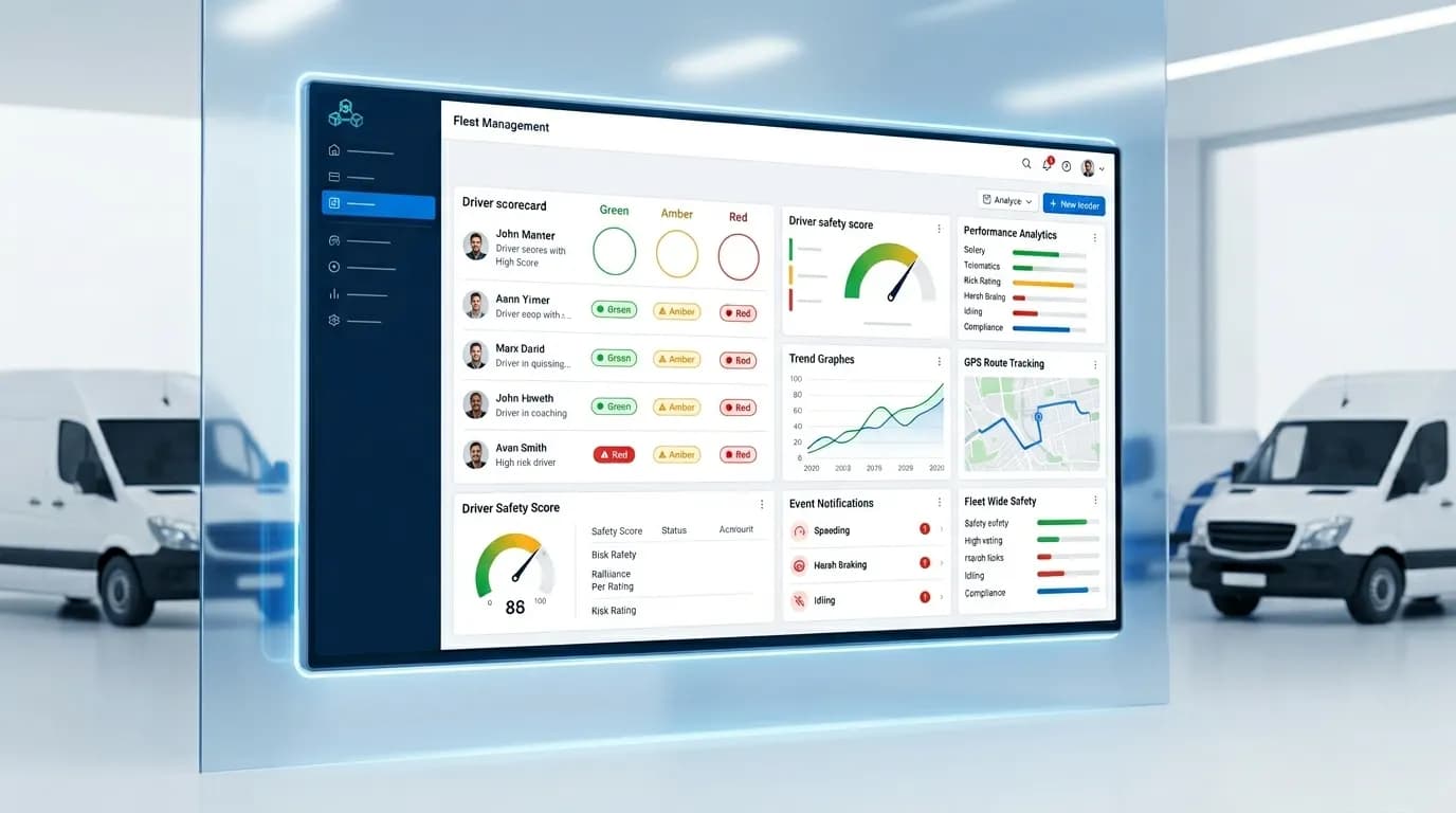 RAG thresholds for driver scores on a fleet dashboard with green, amber and red ratings and a safety score gauge