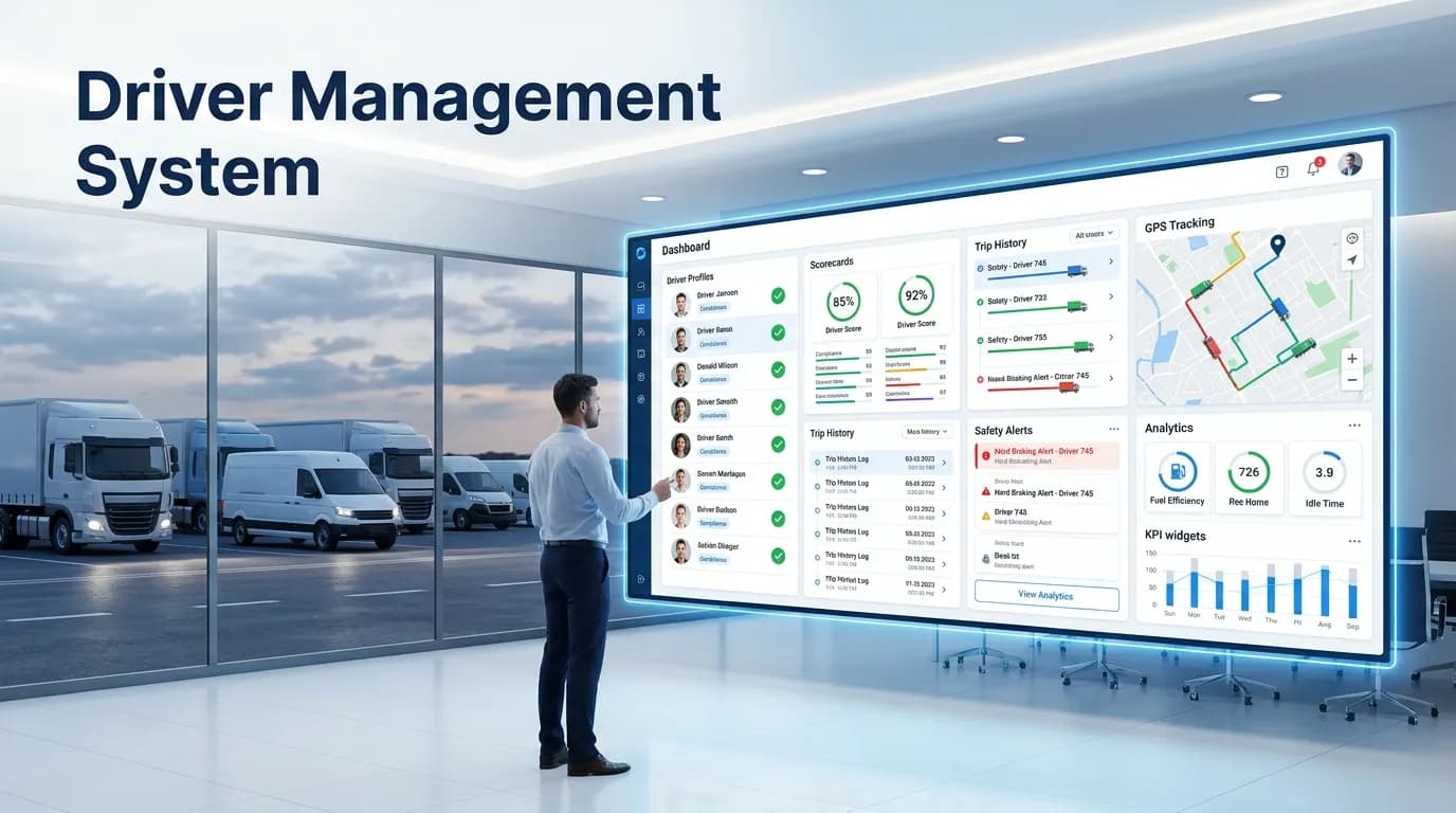 Driver management system dashboard with driver profiles, scorecards, trip history, safety alerts and GPS tracking