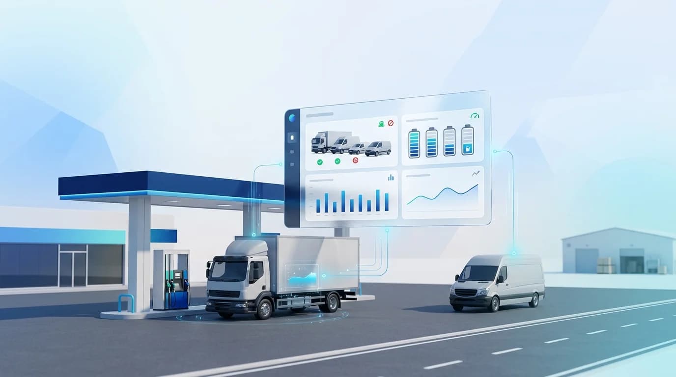 Fuel monitoring system features on a dashboard with vehicle status, fuel level gauges and usage charts by a fuel station