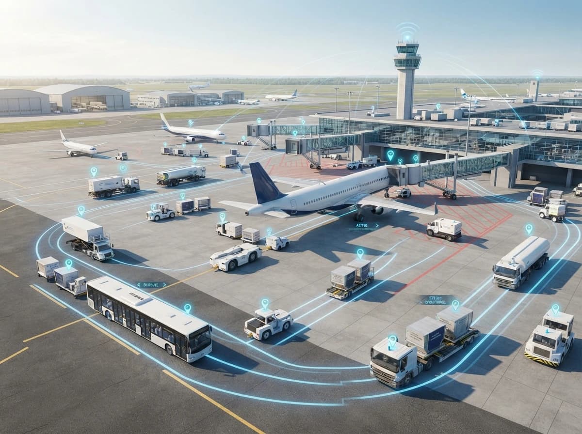 Airport fleet management view of tugs, buses, fuel trucks and cargo dollies tracked around an aircraft at the gate