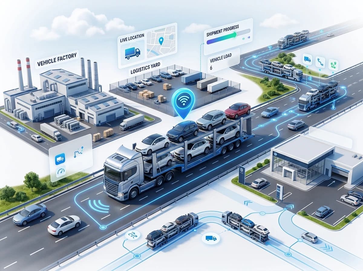 Car carrier tracking software showing live location and shipment progress of car carriers from factory to dealership