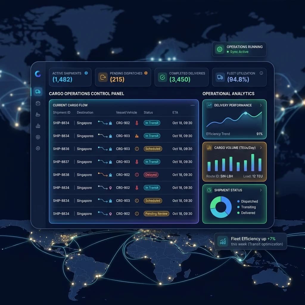 Cargo operations control panel listing shipments by vehicle, status and ETA with delivery performance and volume charts