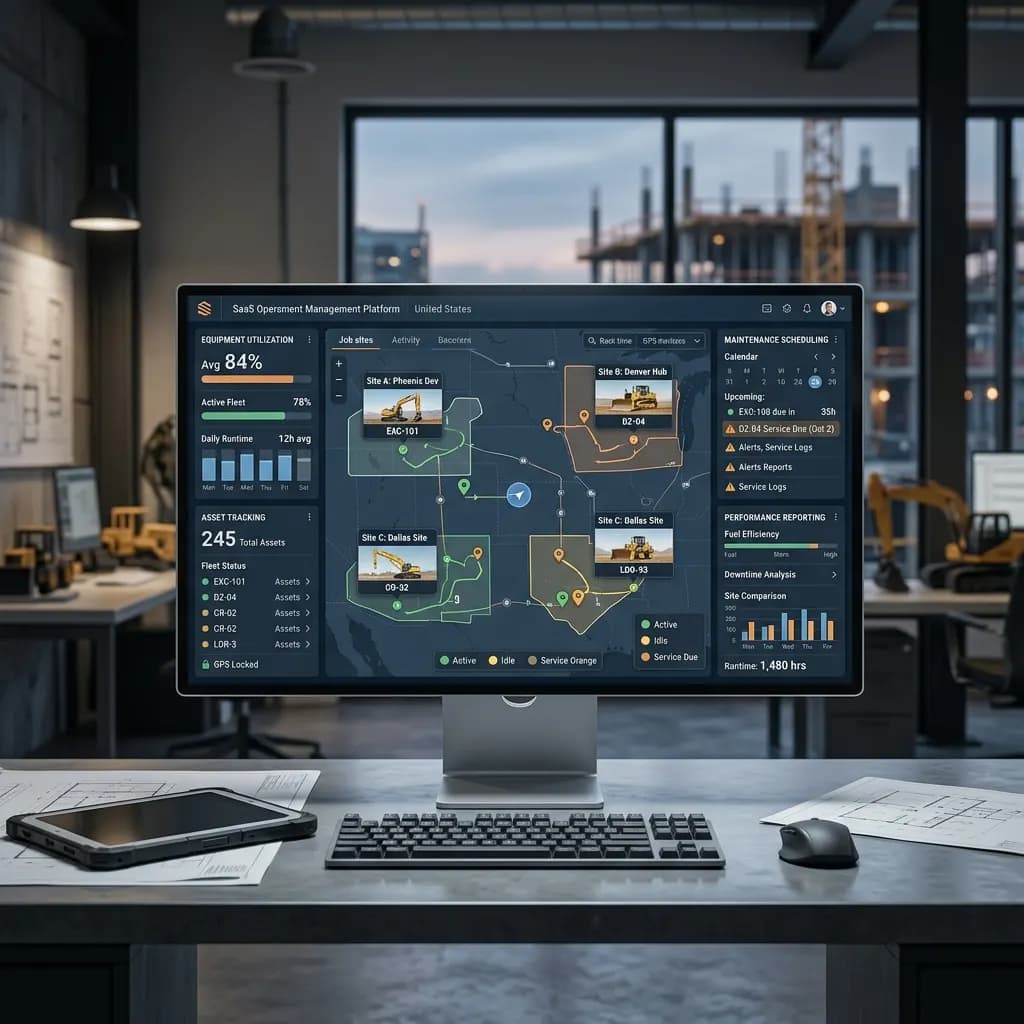 Equipment dashboard showing utilization, job site map, service due calendar and fuel efficiency reports