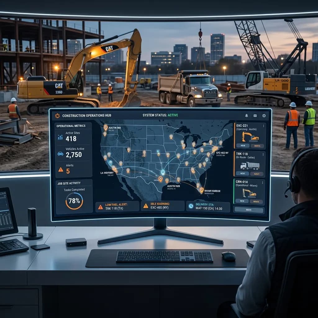 Construction vehicle tracking control screen with a live site map and alerts, excavator, crane and dump truck behind