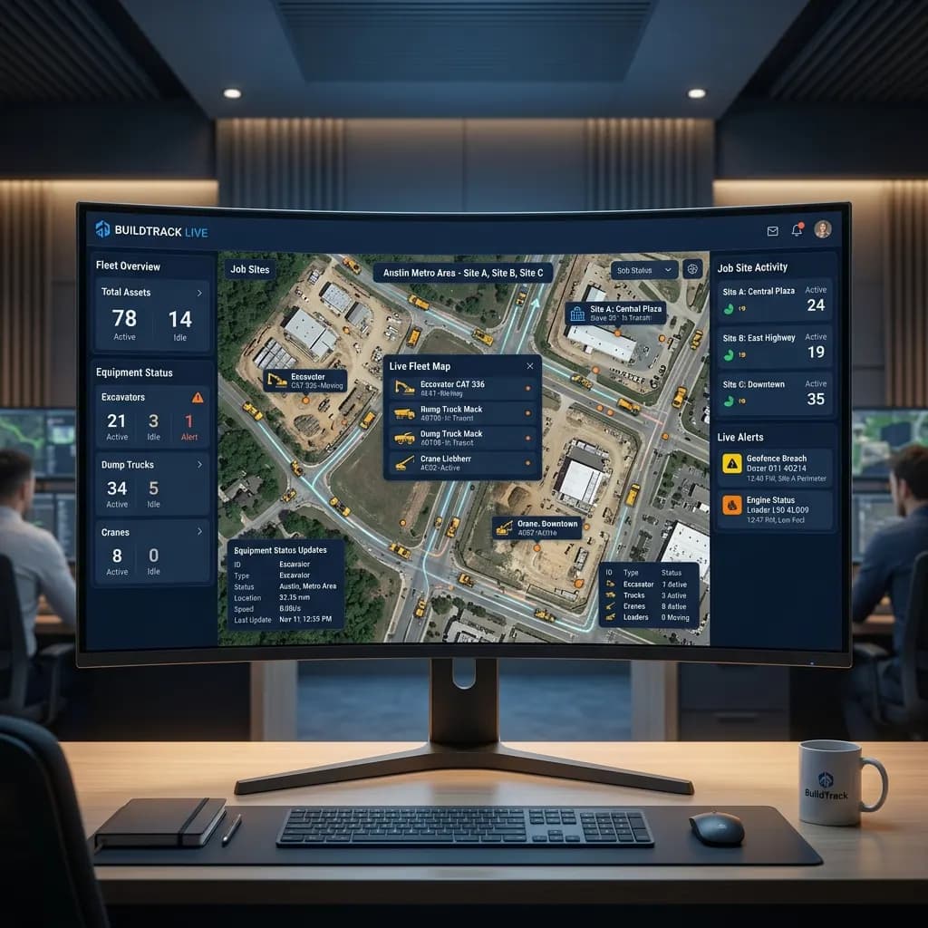 Live fleet map of excavators, dump trucks and cranes across three job sites with geofence and engine alerts