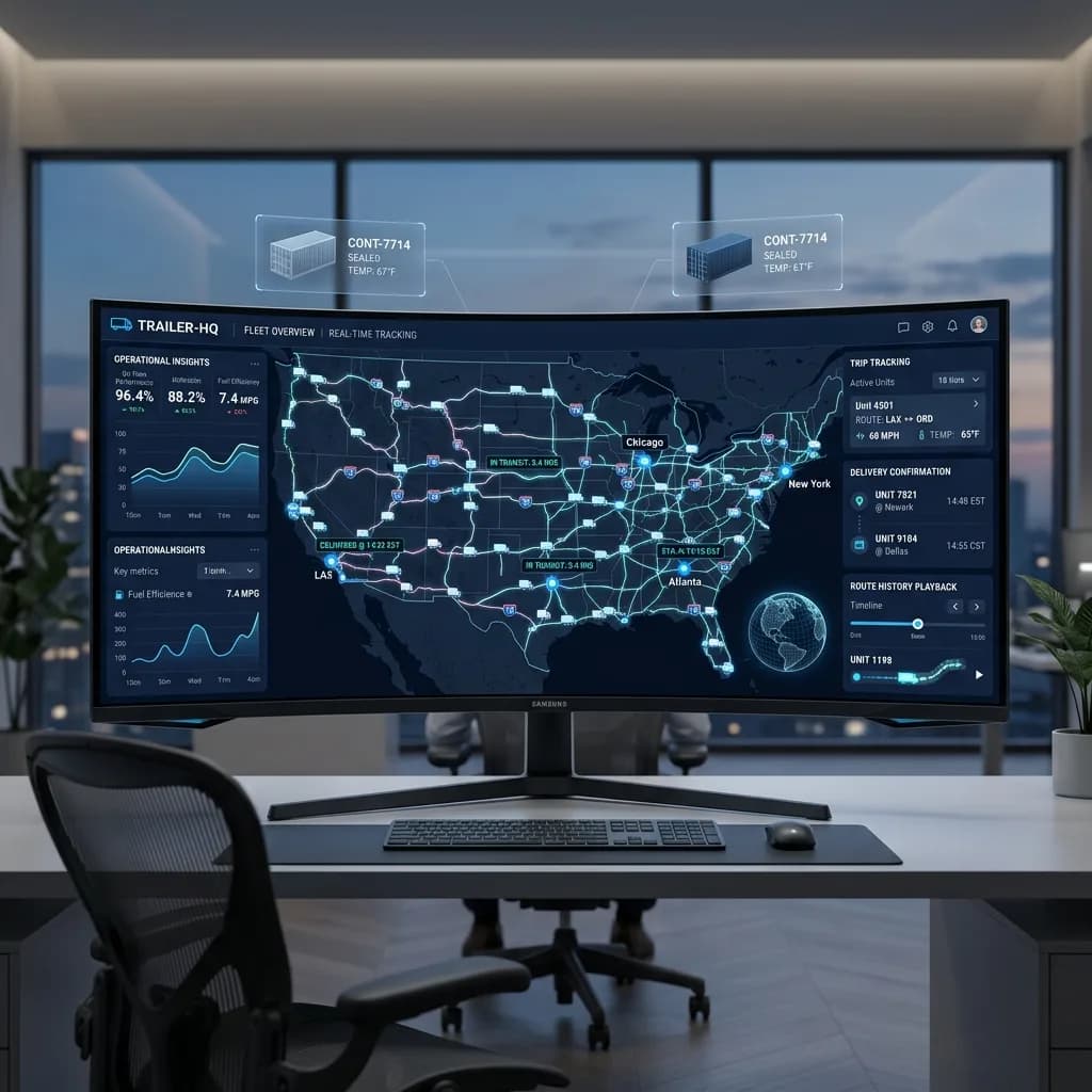 Trailer operations screen with a fleet map, sealed container temperature, trip tracking and route history playback