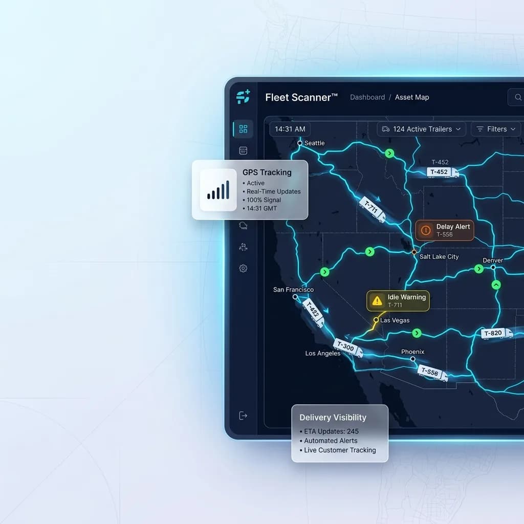 Asset map tracking trailers along highway routes with GPS signal status, delay and idle warnings