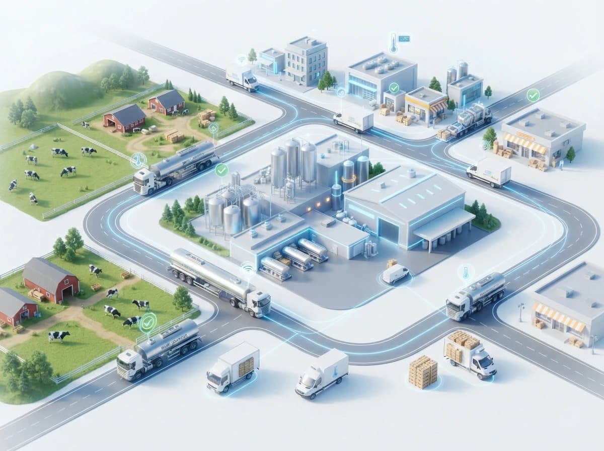 Dairy fleet management software tracking milk tankers from farms to a dairy plant and chilled vans out to retail shops