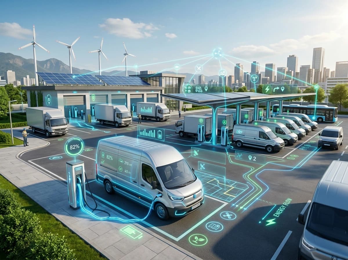 EV fleet management software view of an electric van charging at 82% in a depot with e-trucks, vans and a bus